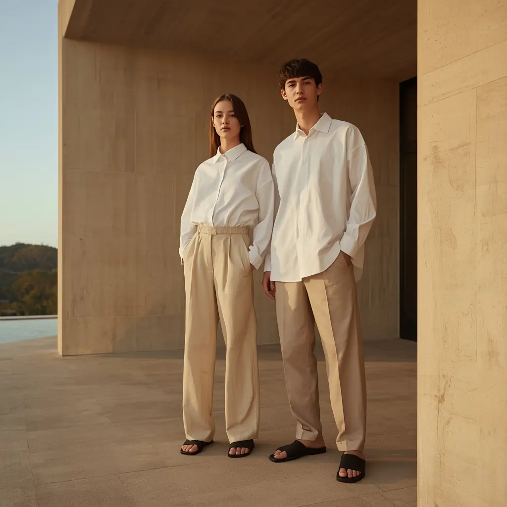 About Avelon fashion brand featuring a man and woman wearing timeless minimalist clothing
