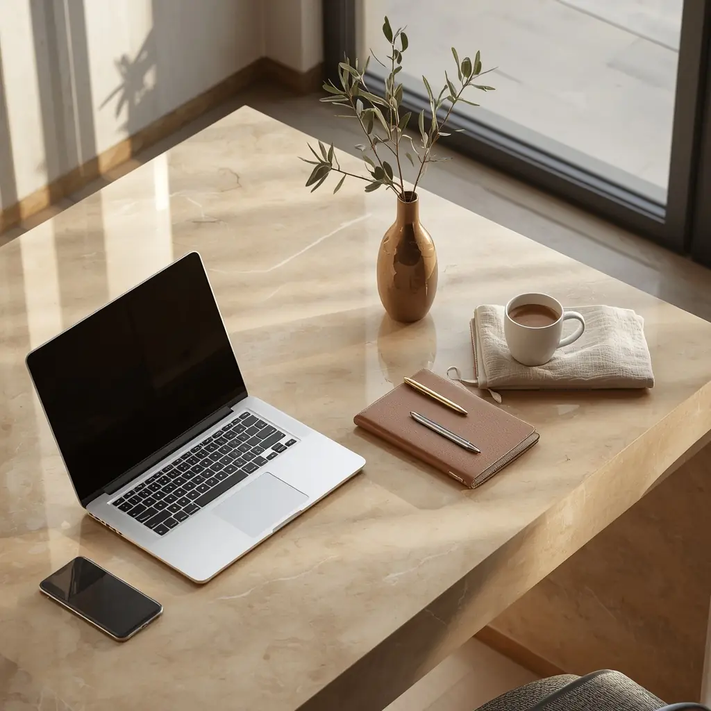 Customer support workspace with laptop, notebook and coffee for Avelon assistance
