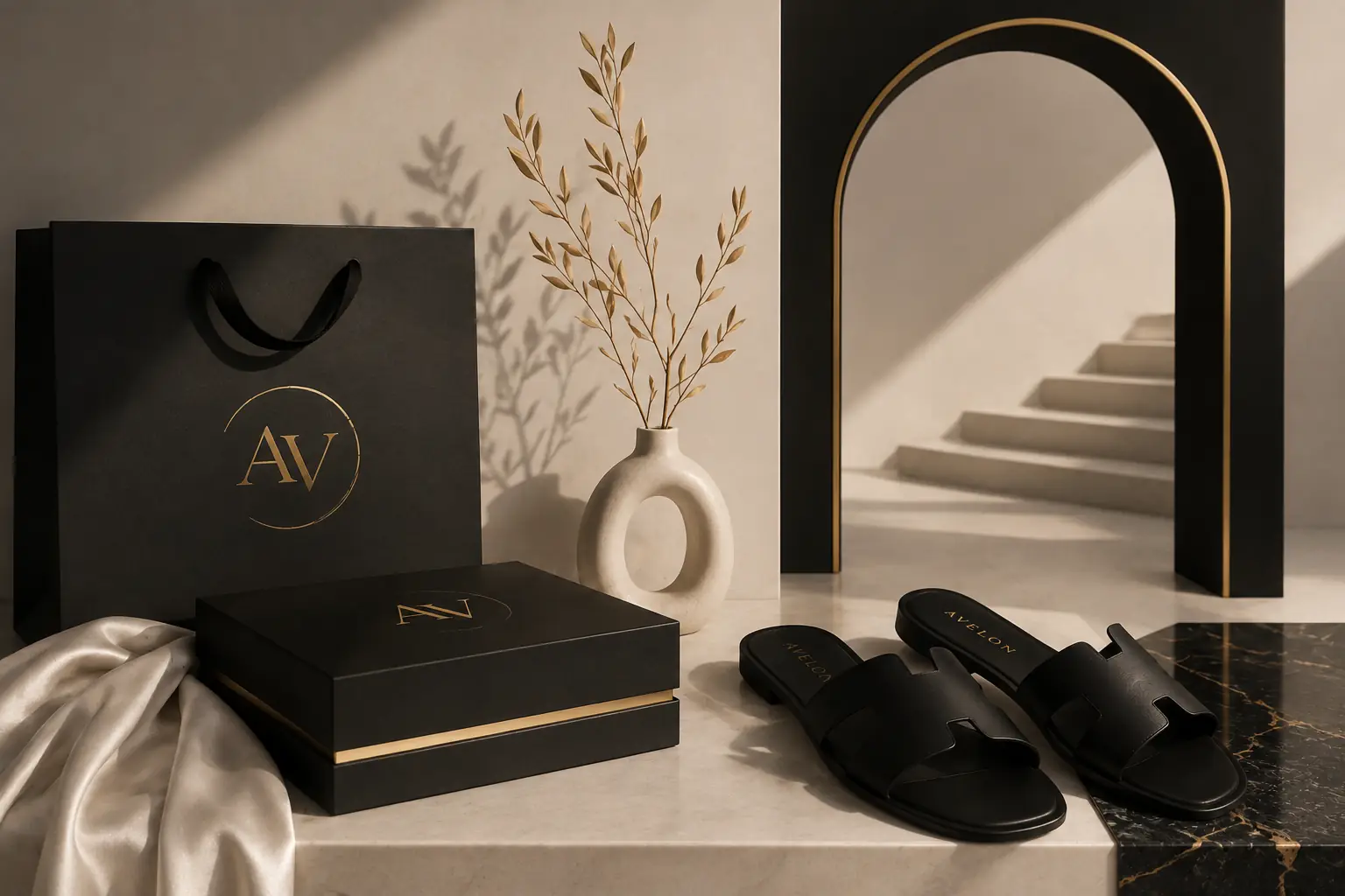 Luxury Avelon brand identity featuring premium packaging and minimalist sandals