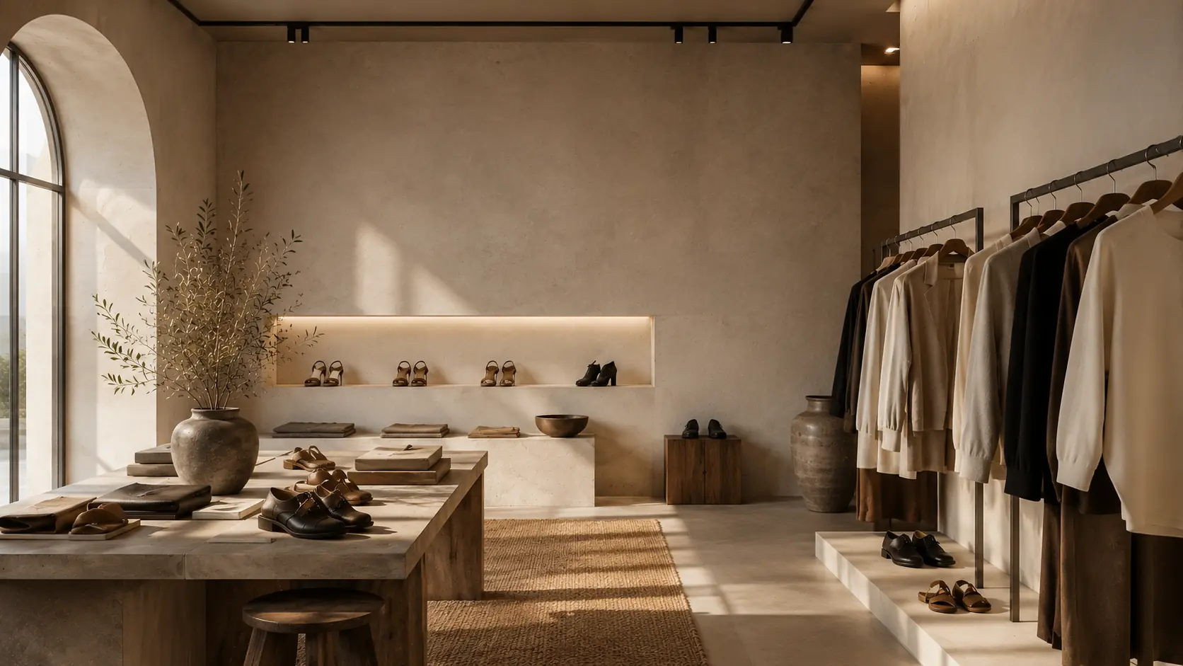 Premium footwear showroom displaying elegant sandals and timeless fashion essentials